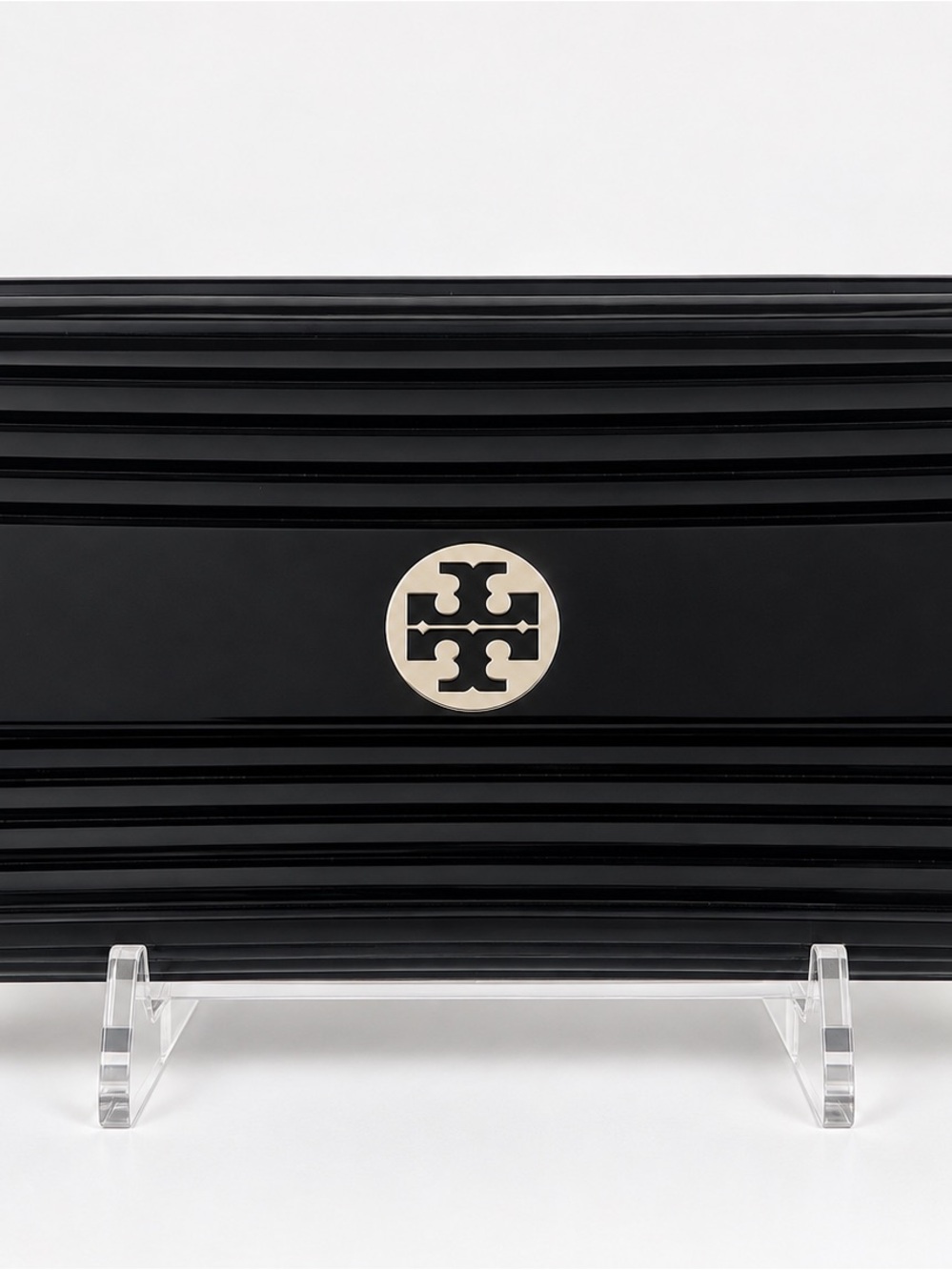 Tory Burch Black Ribbed Hard Shell Clutch Silver Double T Logo